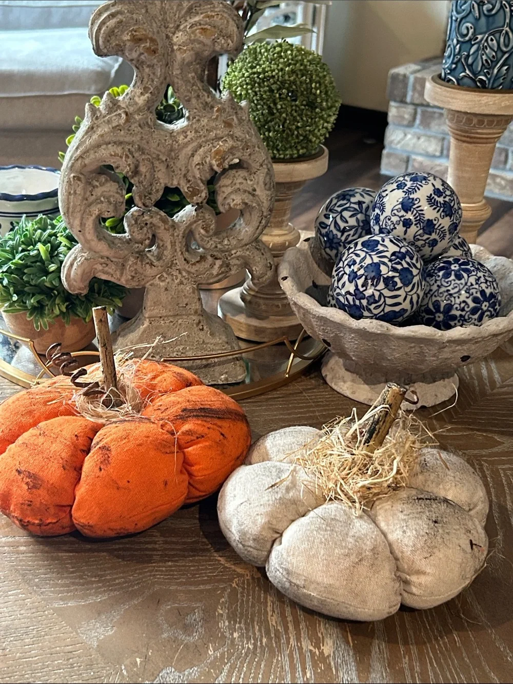 NEW! Fall Harvest Creamy White & Orange Country Farmhouse Pillow Pumpkin Set